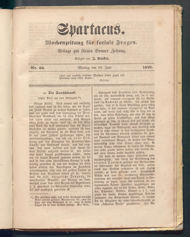 Anonymer Beitrag Arnolds in der Wochenzeitung „Spartacus “ über die Notwendigkeit eines solidarisch sozialistischen Wirtschaftssytems © Universitäts- und Landesbibliothek Bonn